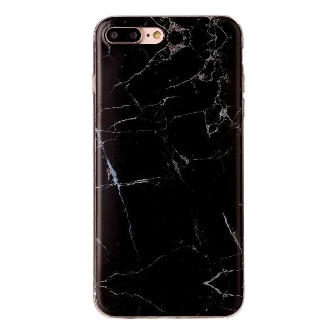 Back view of smartphone with black marble-patterned case on white background.
