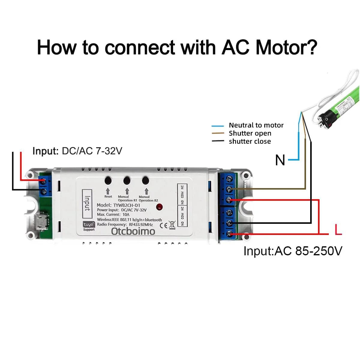 Diagram showing connections of Smart WiFi Relay Switch For Linear Actuators And Garage Doors, 2 Channel DC12V 24V Tuya Compatible.
