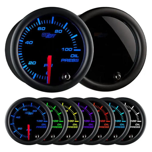 Tinted 7 Color Oil Pressure Gauge Kit With 0 To 100 PSI Range, black dial, multi-color display, GlowShift.