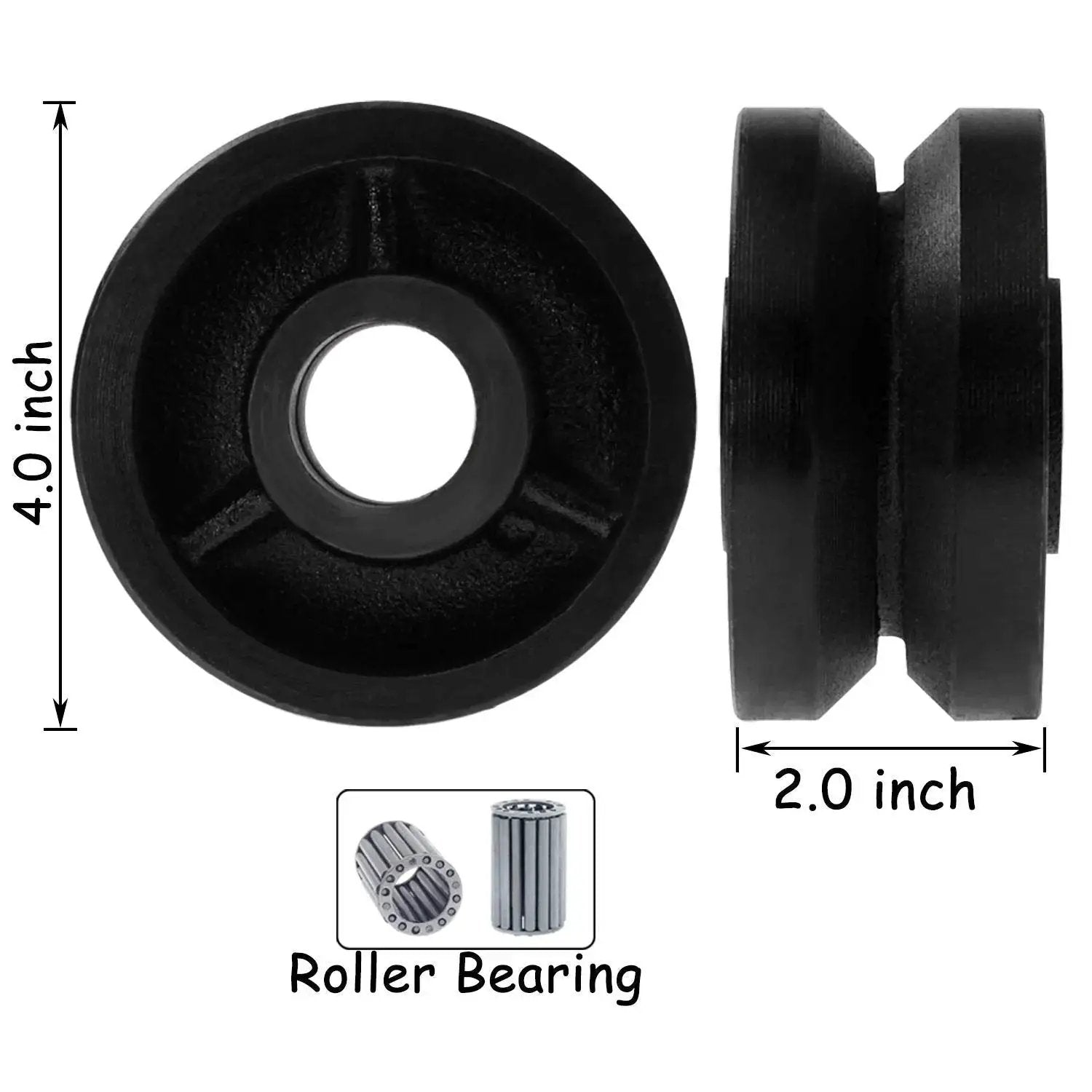 Beefy Workhorse Heavy Duty Cast Iron V Groove Caster Wheels With Straight Roller Bearing, 4 Inch Diameter, 2 Inch Wide, side and top view