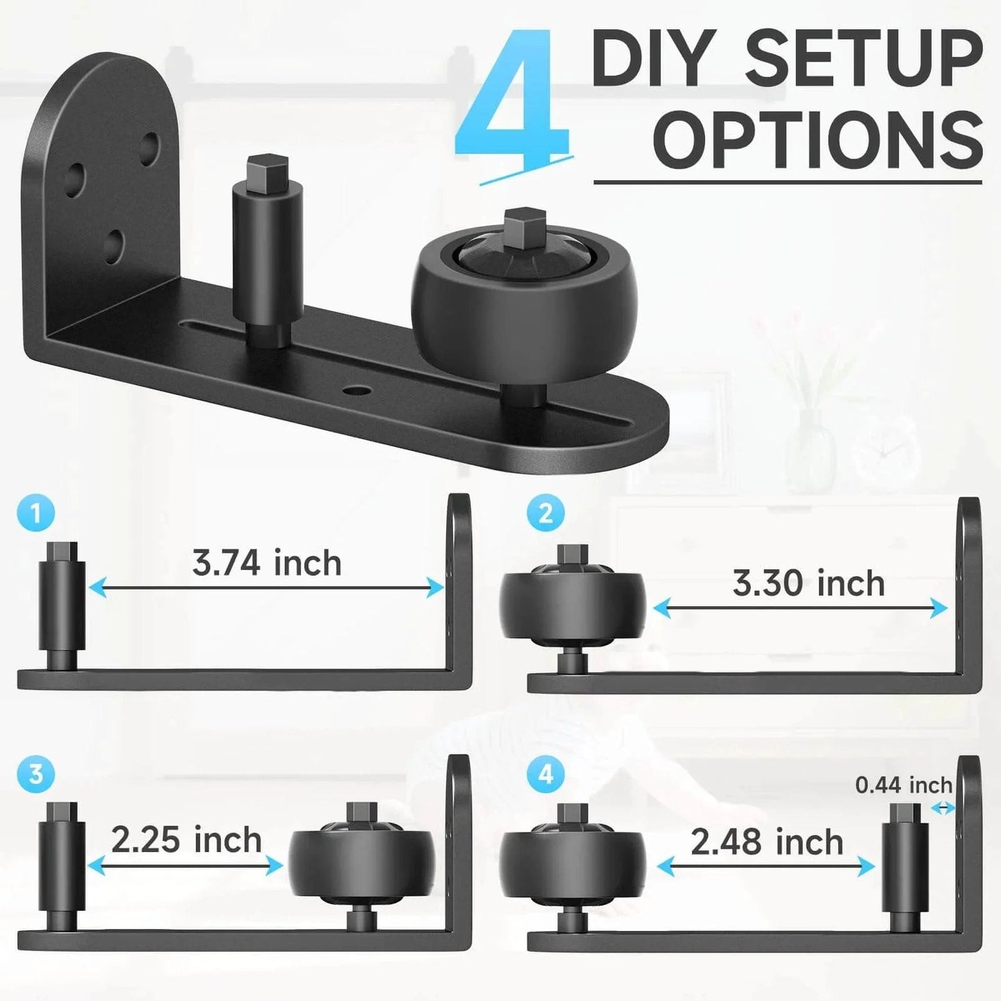 Sliding Barn Door Floor Guide with Adjustable Rubber Rollers, flush flat bottom, round edge design, 4 setup options display