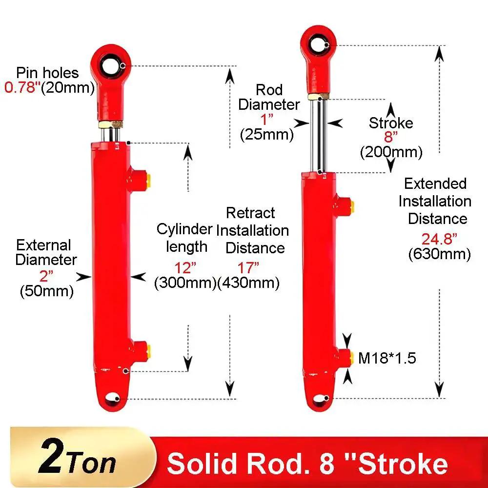 Diagram of Double Acting Welded Hydraulic Cylinder 1.5 Bore 8 Stroke 2 Ton JIC Connectors, showing dimensions and features.