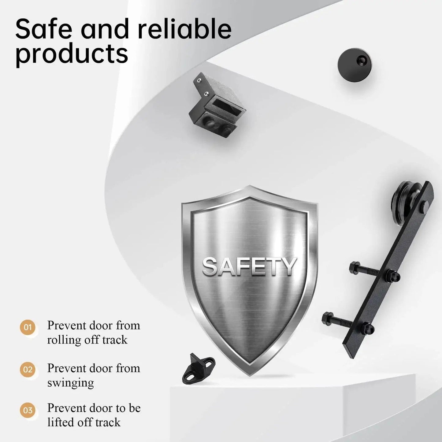 16 Ft Double Sliding Barn Door Hardware Track Kit With Straight Pulleys Heavy Duty Steel Black Powder Coated Finish For 48 Inch Wide Doors depicted with safety features and components