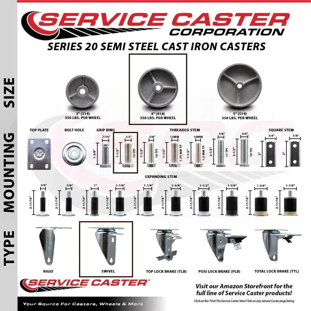Heavy Duty Swivel Caster Set Of Four With Four Inch Silver Wheels And Half Inch Threaded Stems For Industrial Carts And Work Benches Semi Steel Cast Iron Construction Built Tough 1200 Lb Total Capacity Includes Four Swivel Casters Service Caster Brand chart