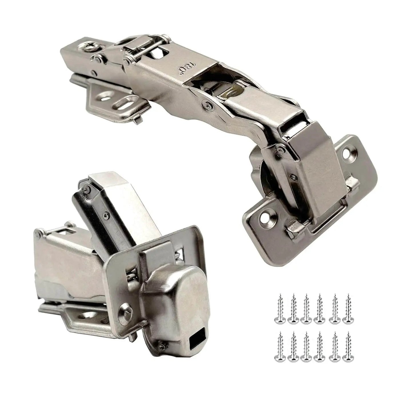 180 Degree Frameless Cabinet Hinges With Soft Close For Quiet Smooth Closure Nickel Plated Steel Concealed Hydraulic Adjustable Mechanism Full Overlay Design Durable Cold Rolled Steel No Fuss Install 2 Pack, with screws
