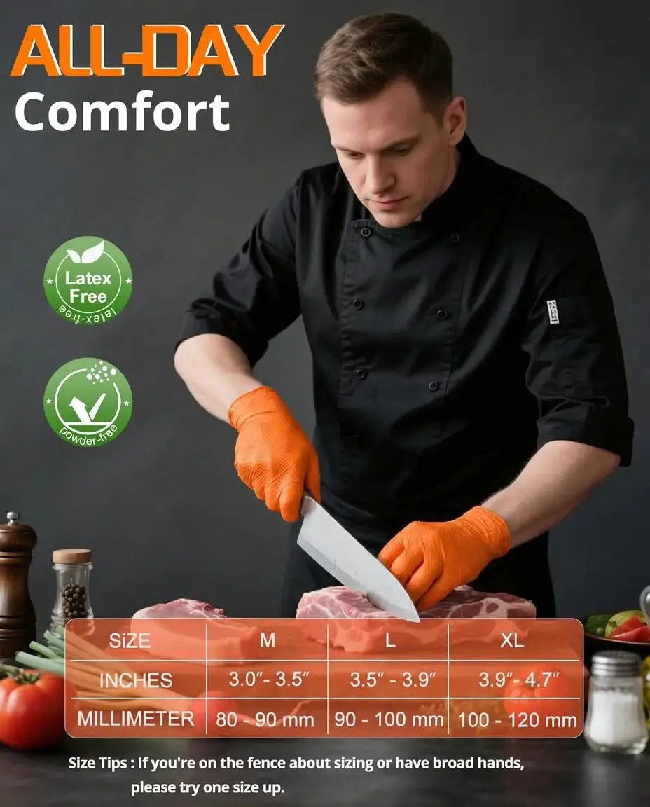 Chef wearing 9 Mil Heavy Duty Orange Nitrile Gloves With Raised Diamond Grip Latex Free, cutting meat in a kitchen setting.