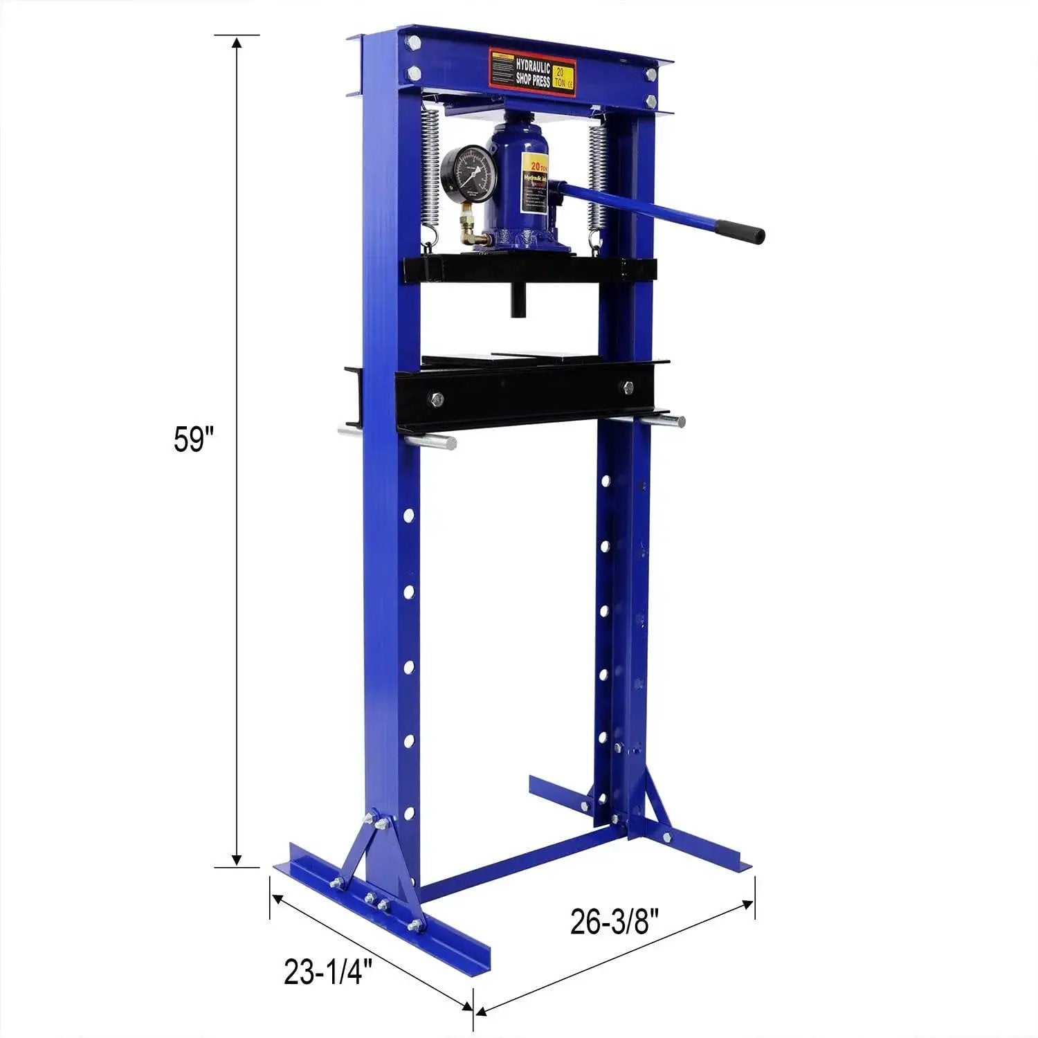 Front view of 20 Ton Hydraulic Floor Press With Gauge H Frame For Ball Joints And Bushings, dimensions marked 23-1/4" x 26-3/8" x 59".