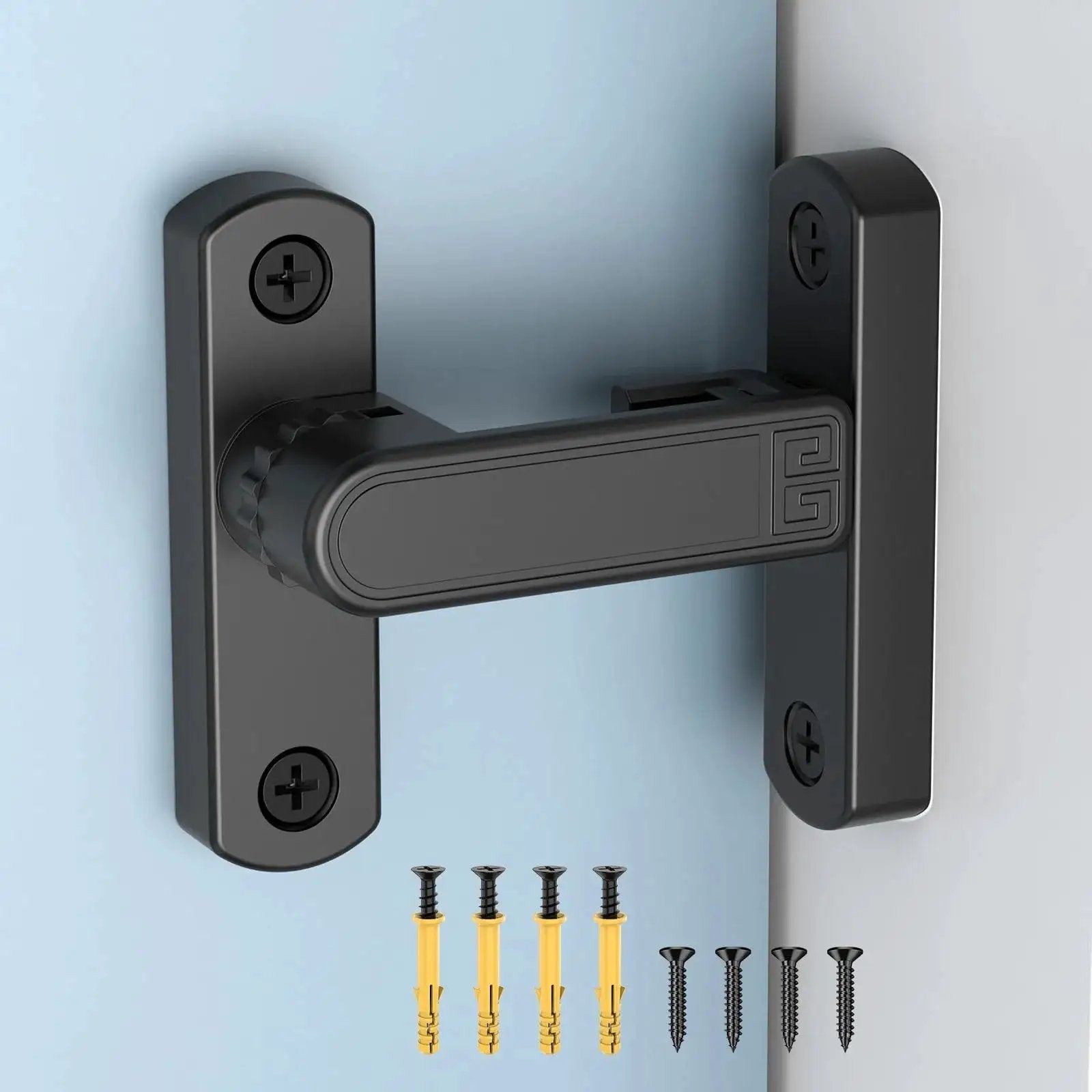 90 And 180 Degree Sliding Barn Door Lock Adjustable Zinc Alloy Security Latch installed on door with screws included.