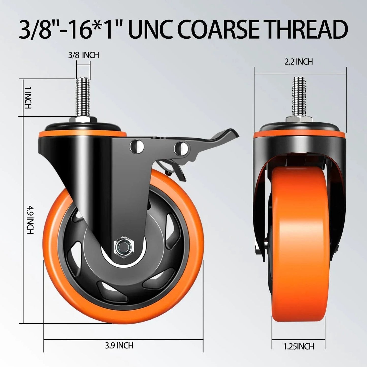 Side and front view of 4 Inch Stem Caster Wheels Set of 4 Heavy Duty 2000 lb capacity threaded 3/8-16 UNC by 1 inch with locking mechanisms.