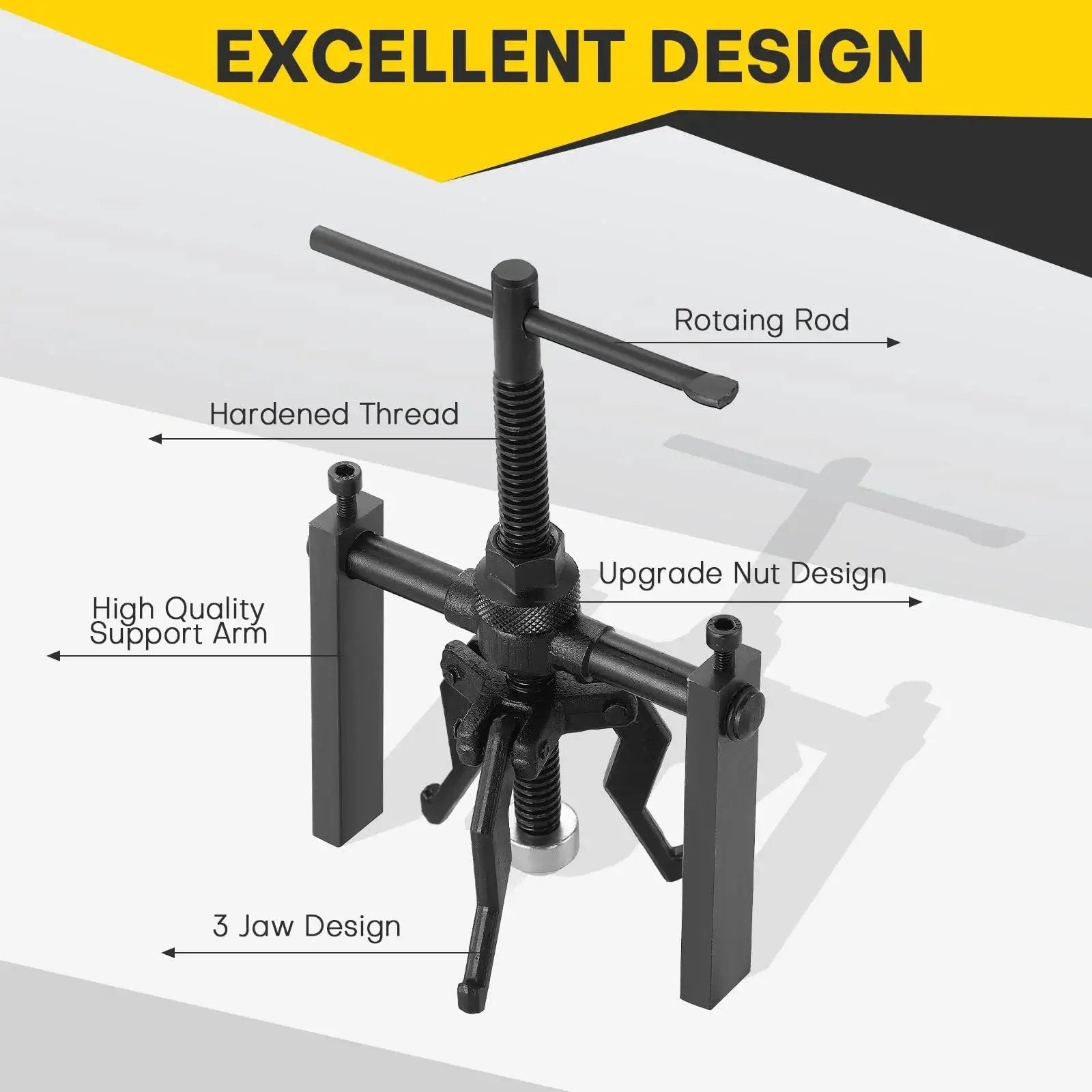 Three Jaw Inner Bearing Puller Set with rotating rod and 3-jaw design, featuring hardened thread and high quality support arm for durable use.