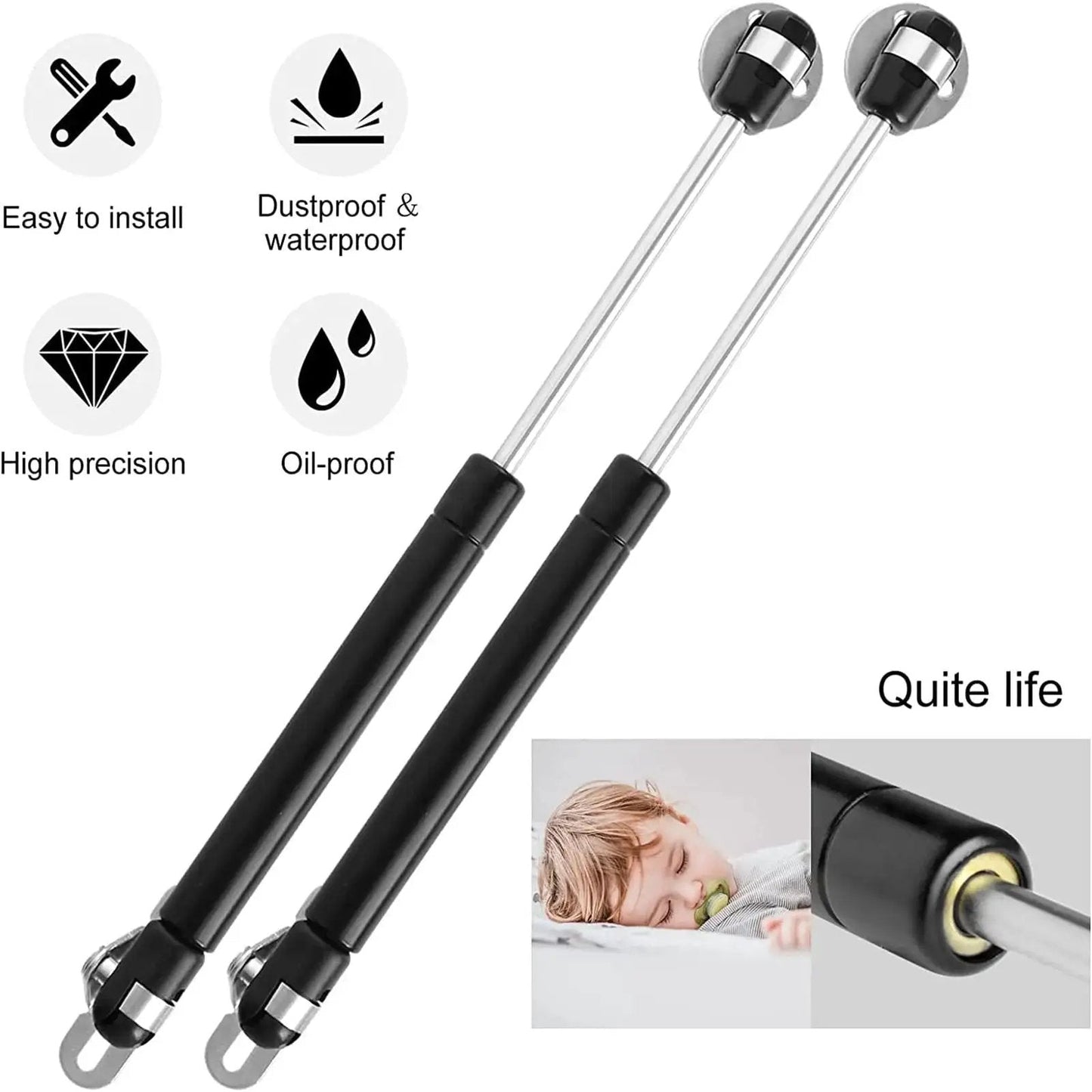 2 Pack Beefy 100N Gas Struts 10 Inch Heavy Duty Gas Springs For Cabinet Lids Toy Boxes And Tool Chests Lift Support Hydraulic Hinges Soft Close Shock Absorbers with child sleeping image inset