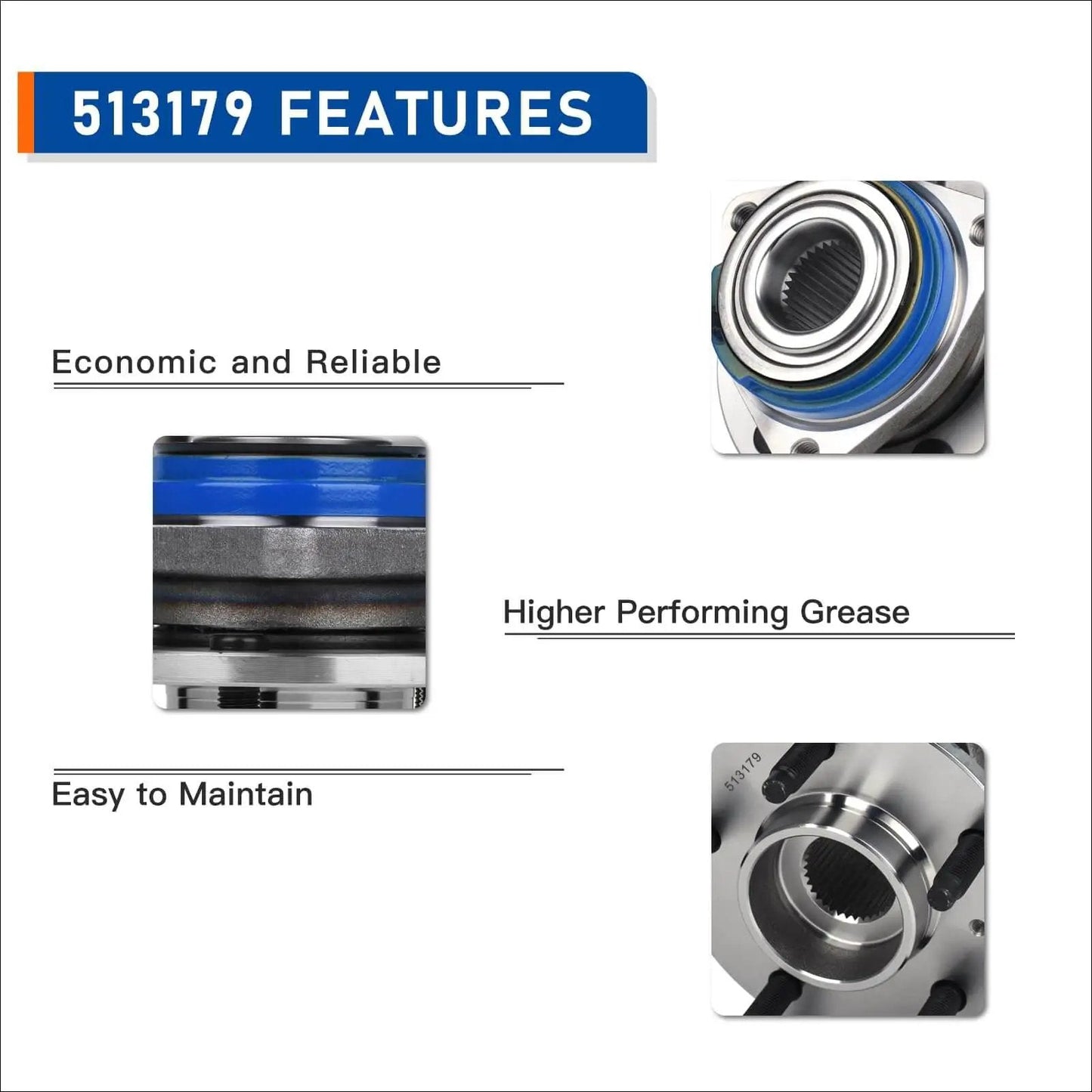 Features of Front Pair 513179 Wheel Bearing Hub Assembly For Buick Cadillac Chevrolet Oldsmobile Pontiac Saturn Relay, with highlighted details.