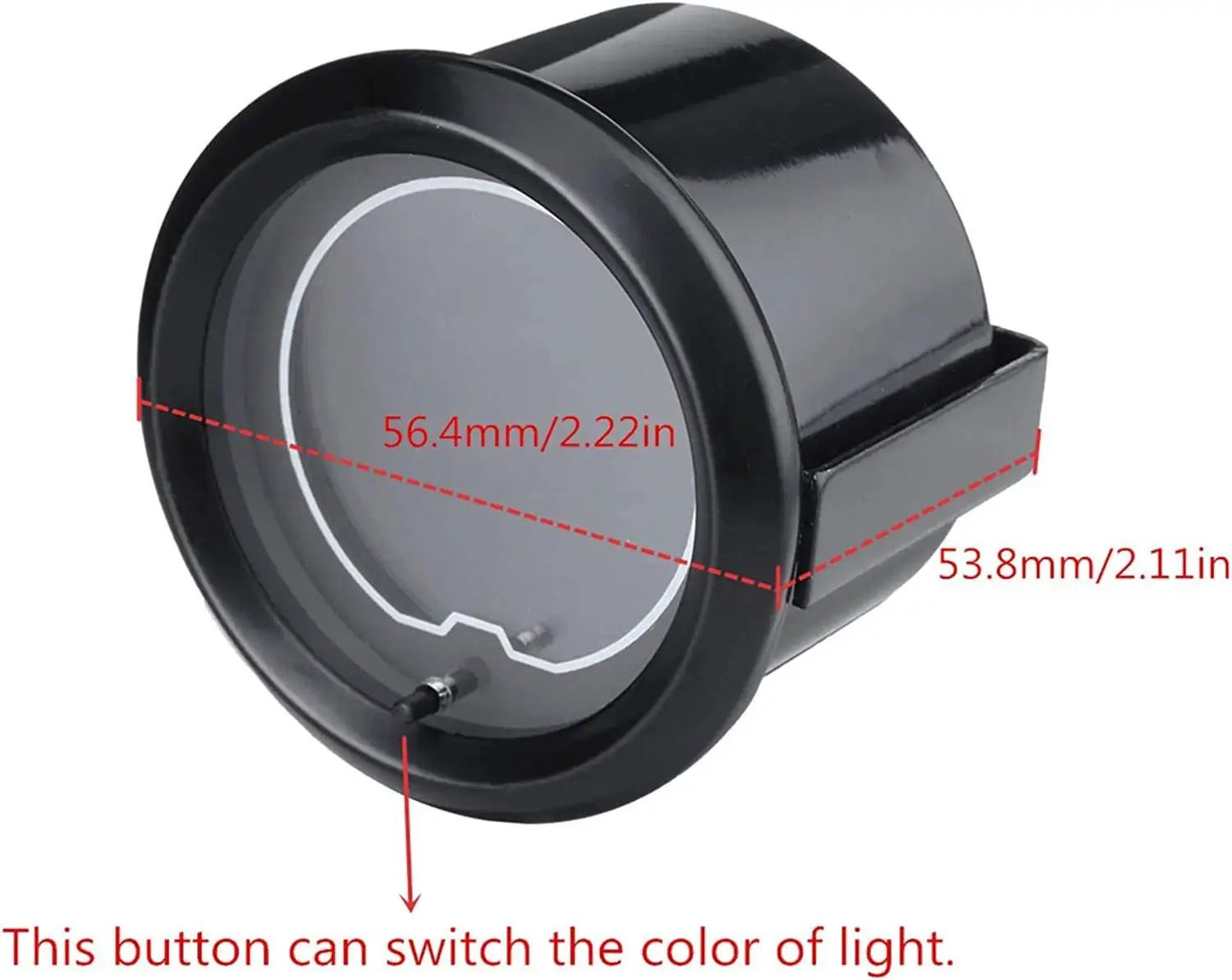 Back view of 7 Color LED Oil Pressure Gauge Kit For Car And Truck With 0-150 PSI Readout showing dimensions and color switch button