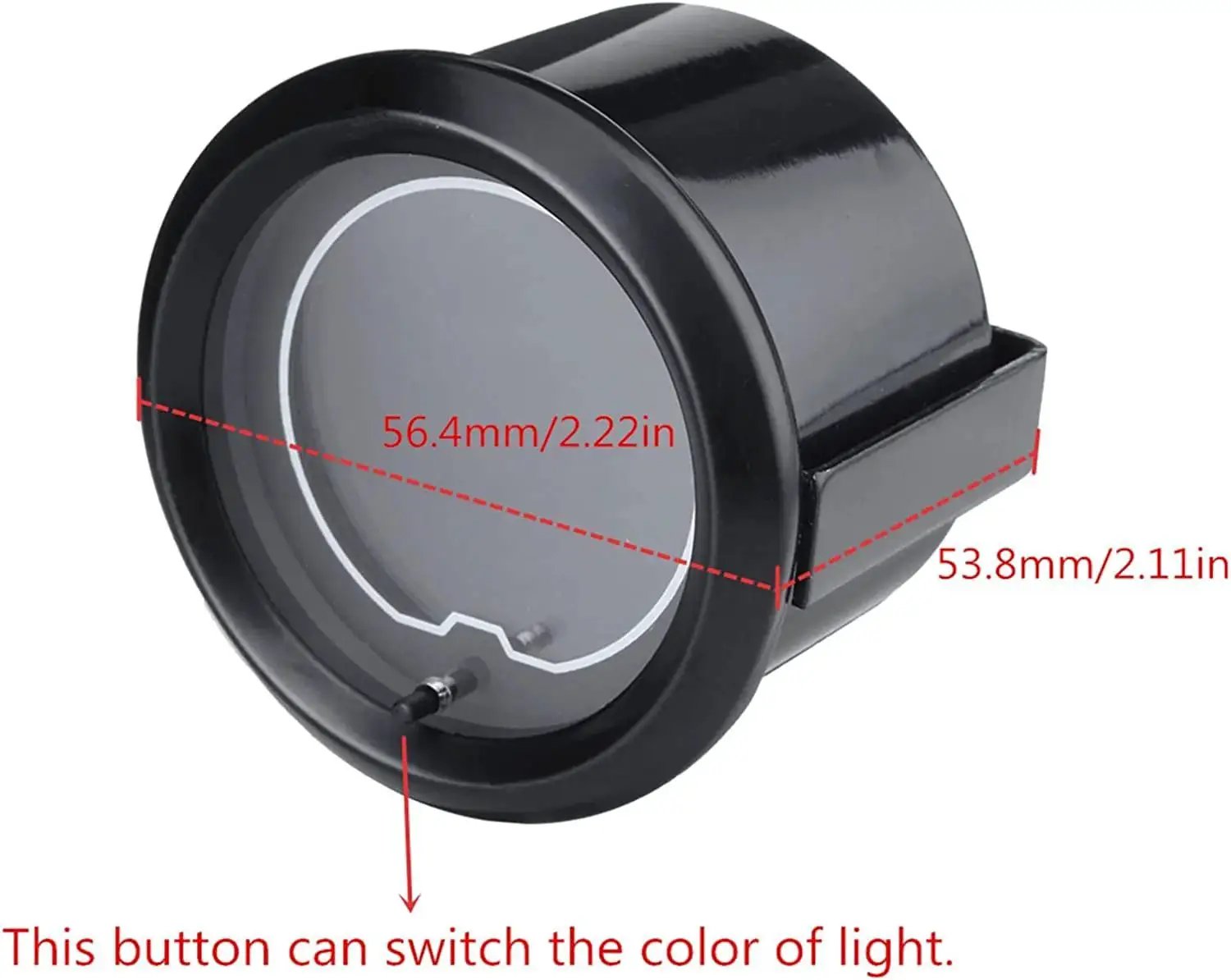Back view of 7 Color LED Oil Pressure Gauge Kit For Car And Truck With 0-150 PSI Readout showing dimensions and color switch button