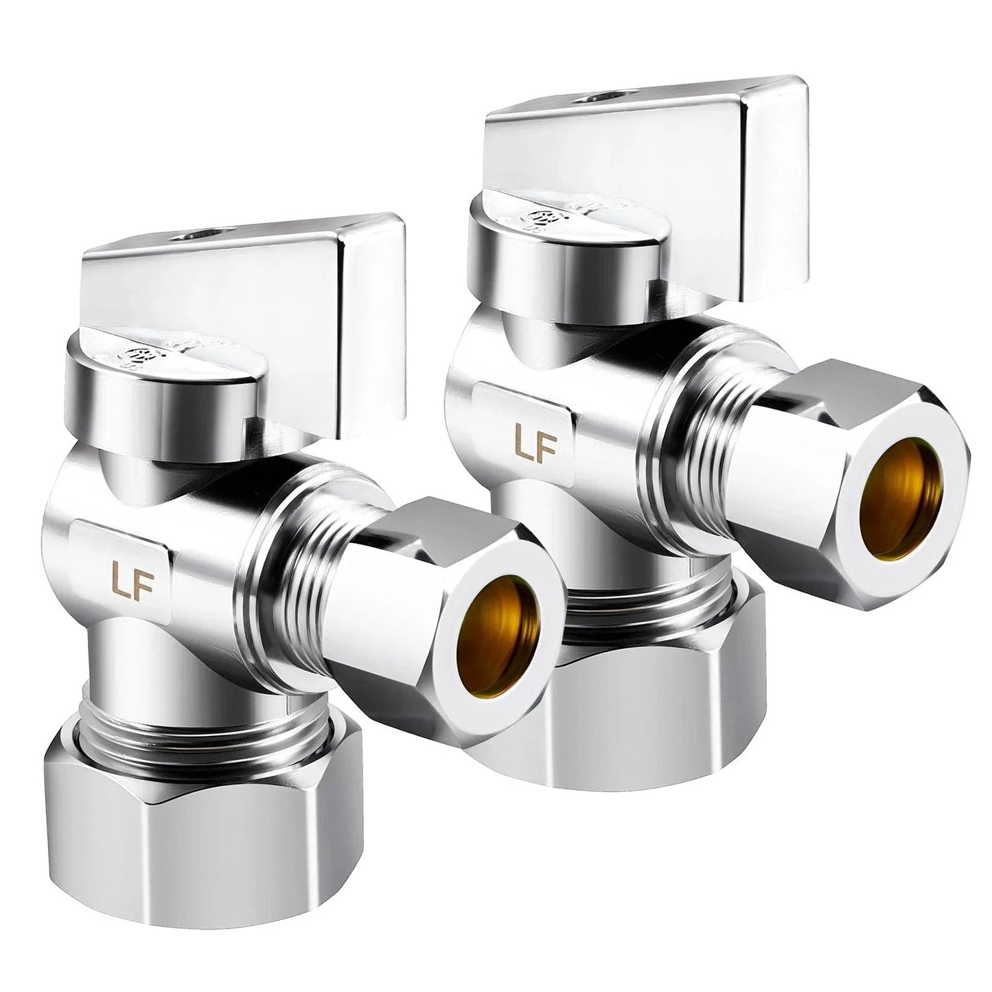 Two Pack Premium Brass Quarter Turn Water Angle Stop Valves with Half Inch Nominal Inlet and Five Eighths Inch OD to Three Eighths Inch OD Compression Outlets Chrome Plated Finish 150 PSI Rating Durable Shut Off for Faucets and Toilets