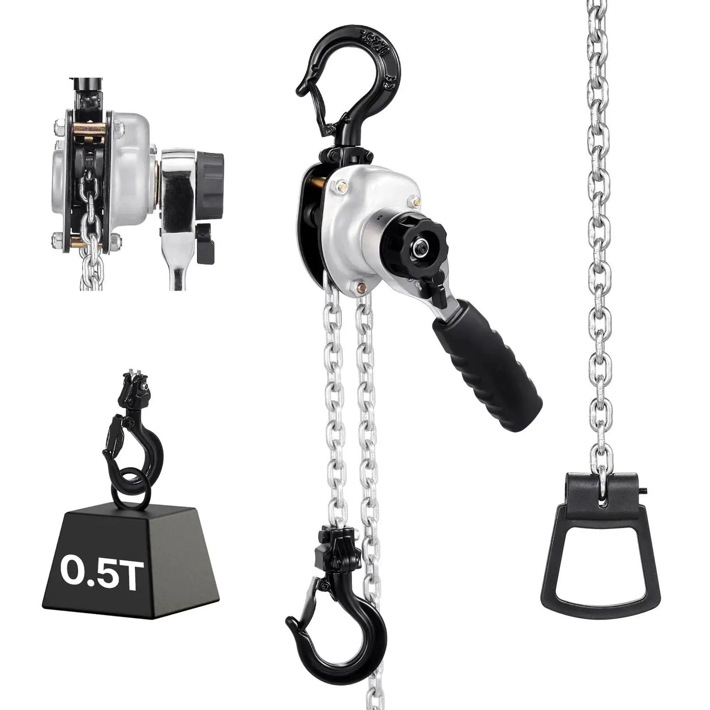 Manual Lever Chain Hoist Half Ton With 5 Ft G80 Chain Dual Pawl Brake shown with side handle and lifting chain detail