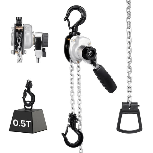 Manual Lever Chain Hoist Half Ton With 5 Ft G80 Chain Dual Pawl Brake shown with side handle and lifting chain detail
