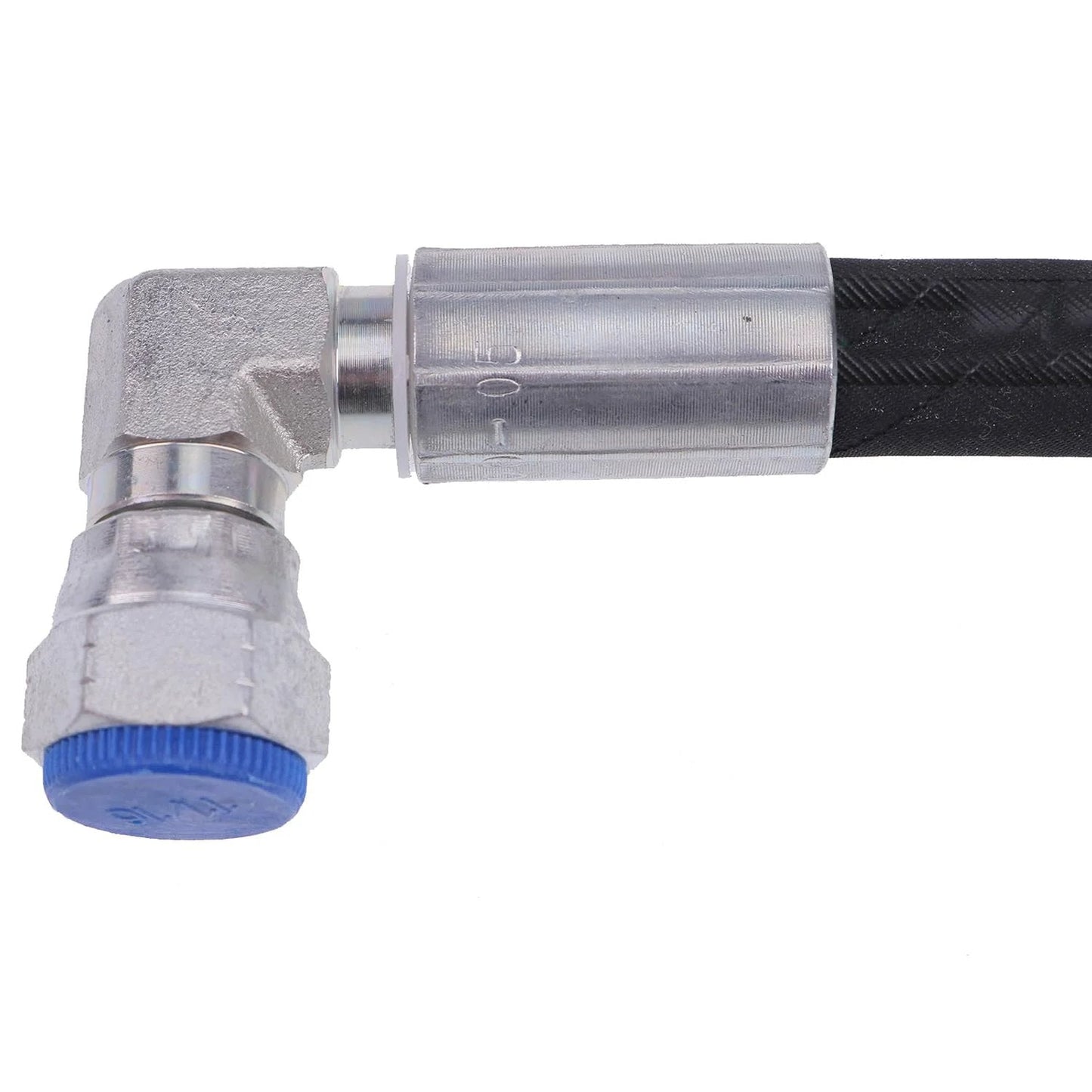 Close-up of Heavy Duty Hydraulic Hose AW29374 for John Deere Front Loaders, showing silver connector and black hose