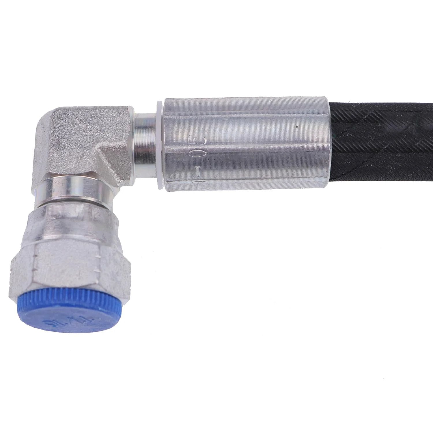 Close-up of Heavy Duty Hydraulic Hose AW29374 for John Deere Front Loaders, showing silver connector and black hose