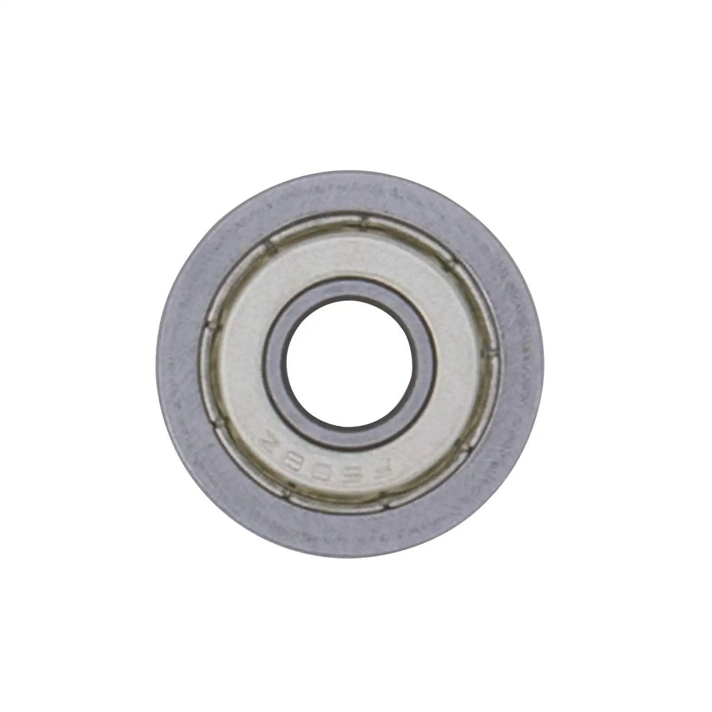 Close-up of Flange Deep Groove Ball Bearing 8x22x7mm F608 ZZ, single unit, front view, silver, shielded design for machinery.