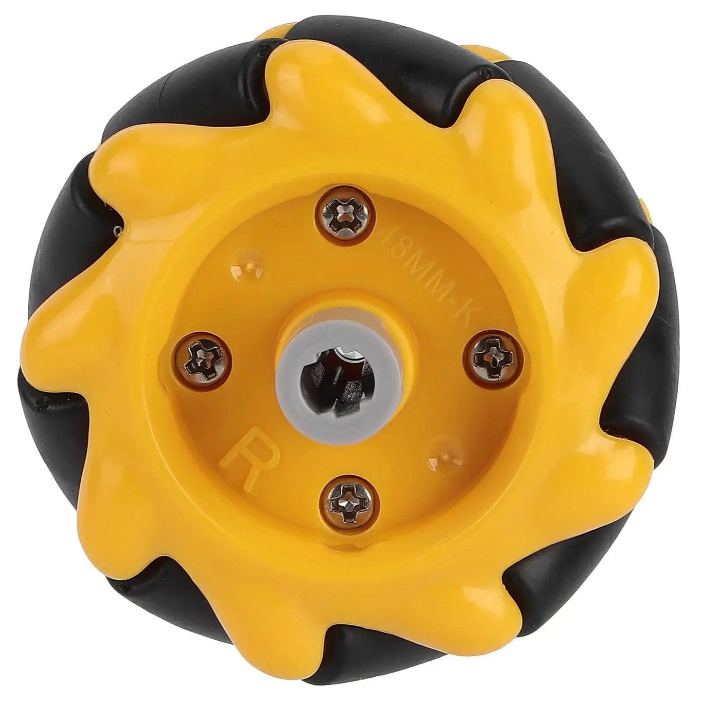 Front view of Mecanum Wheel For TT Geared Motor Smart Robot Car Parts Accessories DIY Toy Components 48mm Rubber Coated Yellow And Black Wheel