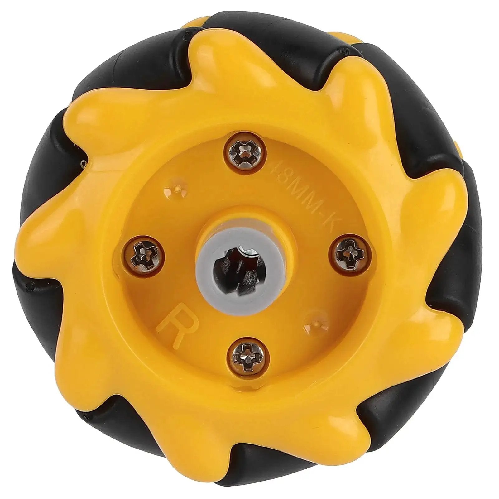 Front view of Mecanum Wheel For TT Geared Motor Smart Robot Car Parts Accessories DIY Toy Components 48mm Rubber Coated Yellow And Black Wheel