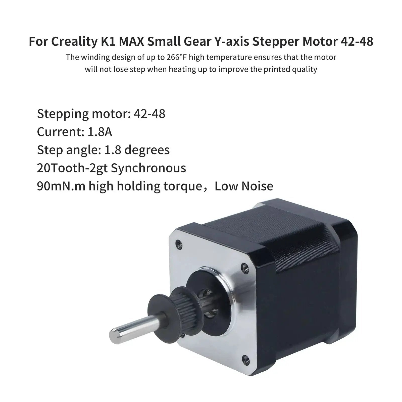 Replacement Y Axis Motor For K1 Max 3D Printer Original Nema 17 42mm 48mm 20 Tooth Wheel Bearing 1.8 Degree 1.8A Without Connecting Wire Not For K1C K1 K2P FYSETC High Torque Stepper Motor For FDM 3D Printing positioned with specs showing in background.