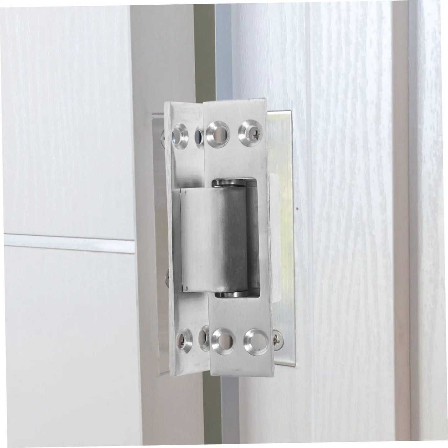 Sturdy Invisible Hinge For Secret Door And Hidden Cabinet Heavy Duty Metal Barn Door Hinge installed on white door panel