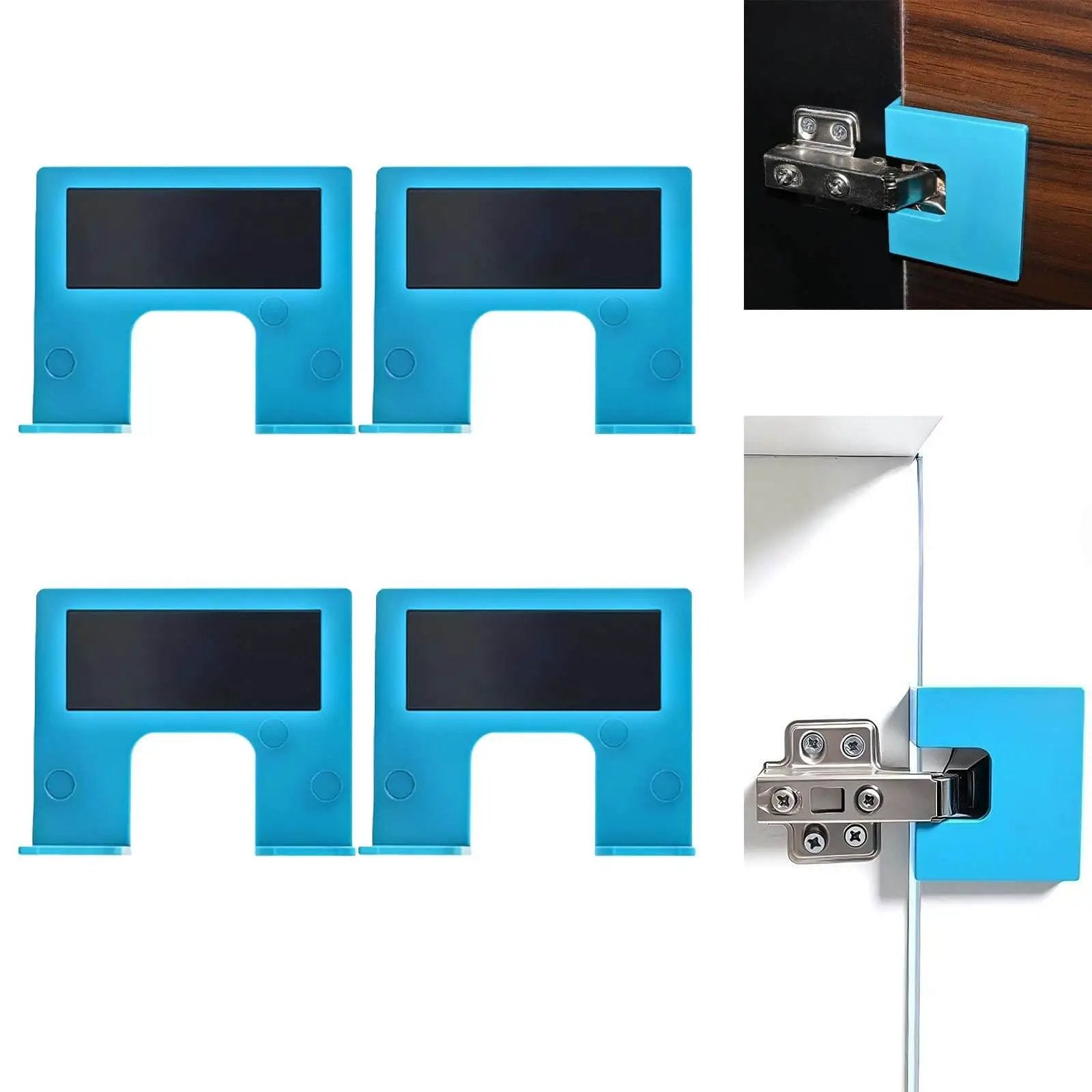 Effortless Magnetic Hinge Jig Kit For Quick Door Installs With Adjustable Guide And Accurate Hinge Mortising And Cutting Fits Most Doors Blue 4 Pack DIY Home Improvement Tool with four blue jigs and installation example.
