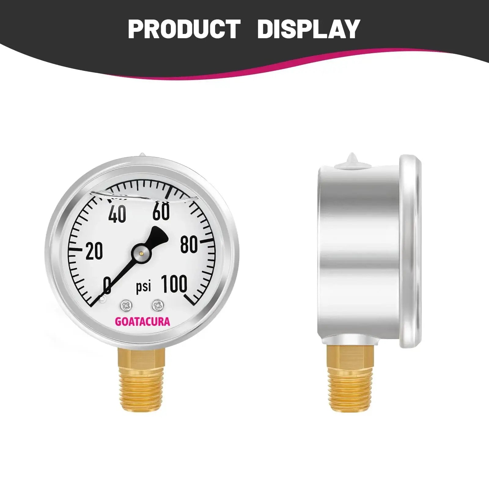 Glycerin Filled Pressure Gauge 0-100 PSI With 2 Inch Dial 304 Stainless Steel Case 1 Quarter Inch NPT Lower Mount Front and Side View