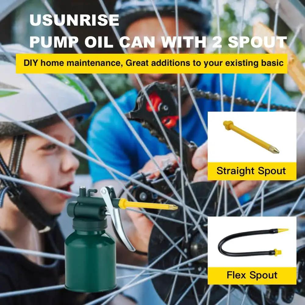Person using Green Metal Oil Can Set with Two Complete Sets of Spouts for precision oiling of bicycle chain.