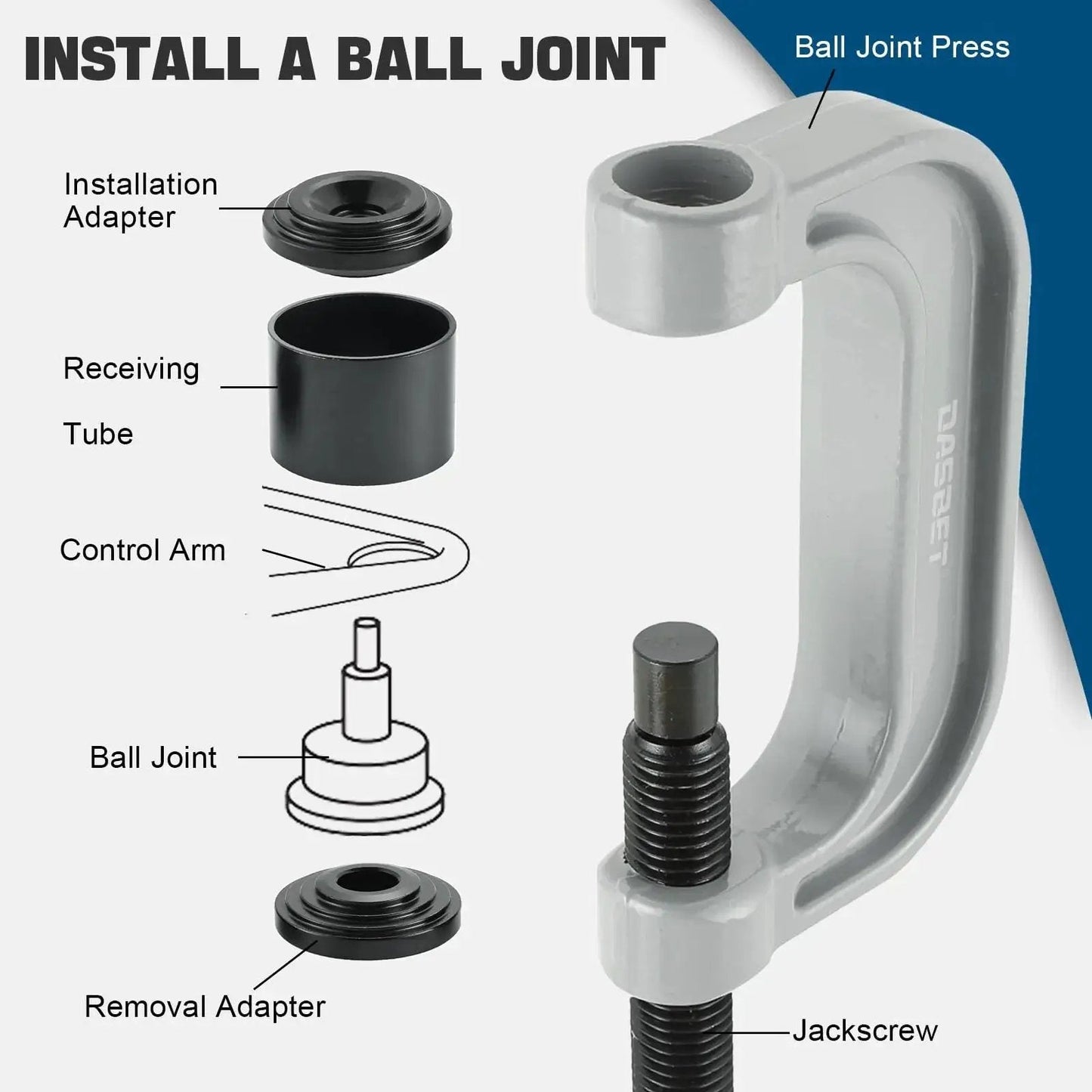 Diagram of Ball Joint Press Kit Heavy Duty U Joint Tool Bushing Fits Cars Trucks 10 Piece showing C-frame and components.