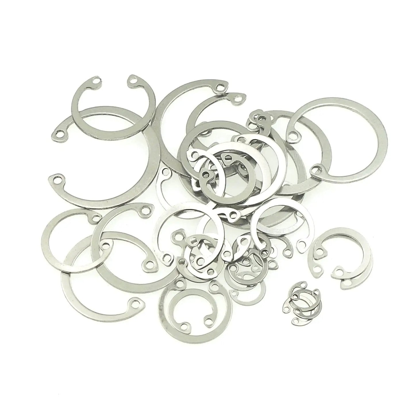 Internal Snap Ring Kit 8mm To 30mm Assortment 240 Pieces C Clips Retaining Rings scattered on white background