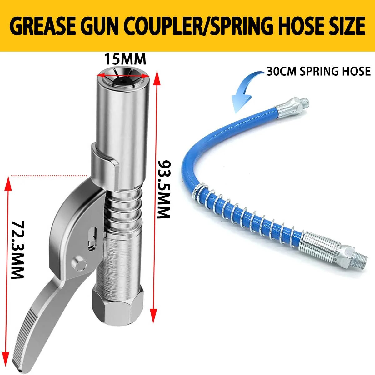 Heavy Duty Grease Gun Coupler With 12 Inch Spring Flex Hose And 12000 PSI Quick Release Upgraded 6 Jaw Locking Design Tight Seal