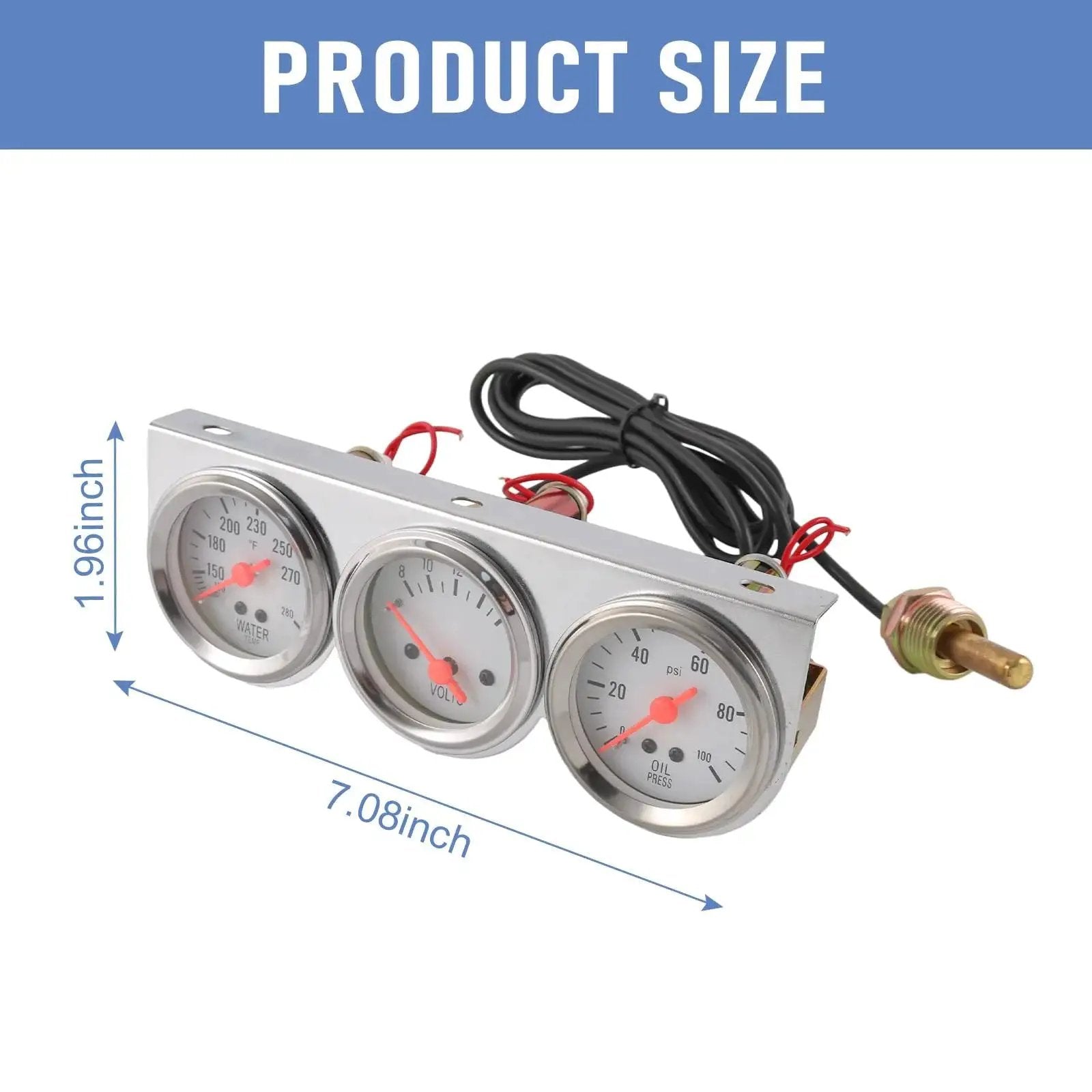 2 Inch Triple Gauge Kit With Oil Pressure Gauge 0-100 PSI, Water Temperature Gauge 100-280F, Voltmeter 8-16V, White Face Dial