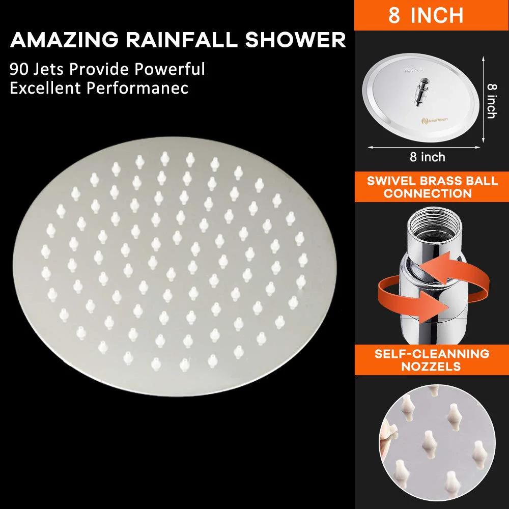 Ultra Thin 8 Inch Stainless Steel Rain Shower Head With High Flow Pressure Boost and Dope Chrome Finish Luxury Designer Rainfall Showerhead for Modern Bathrooms NearMoon