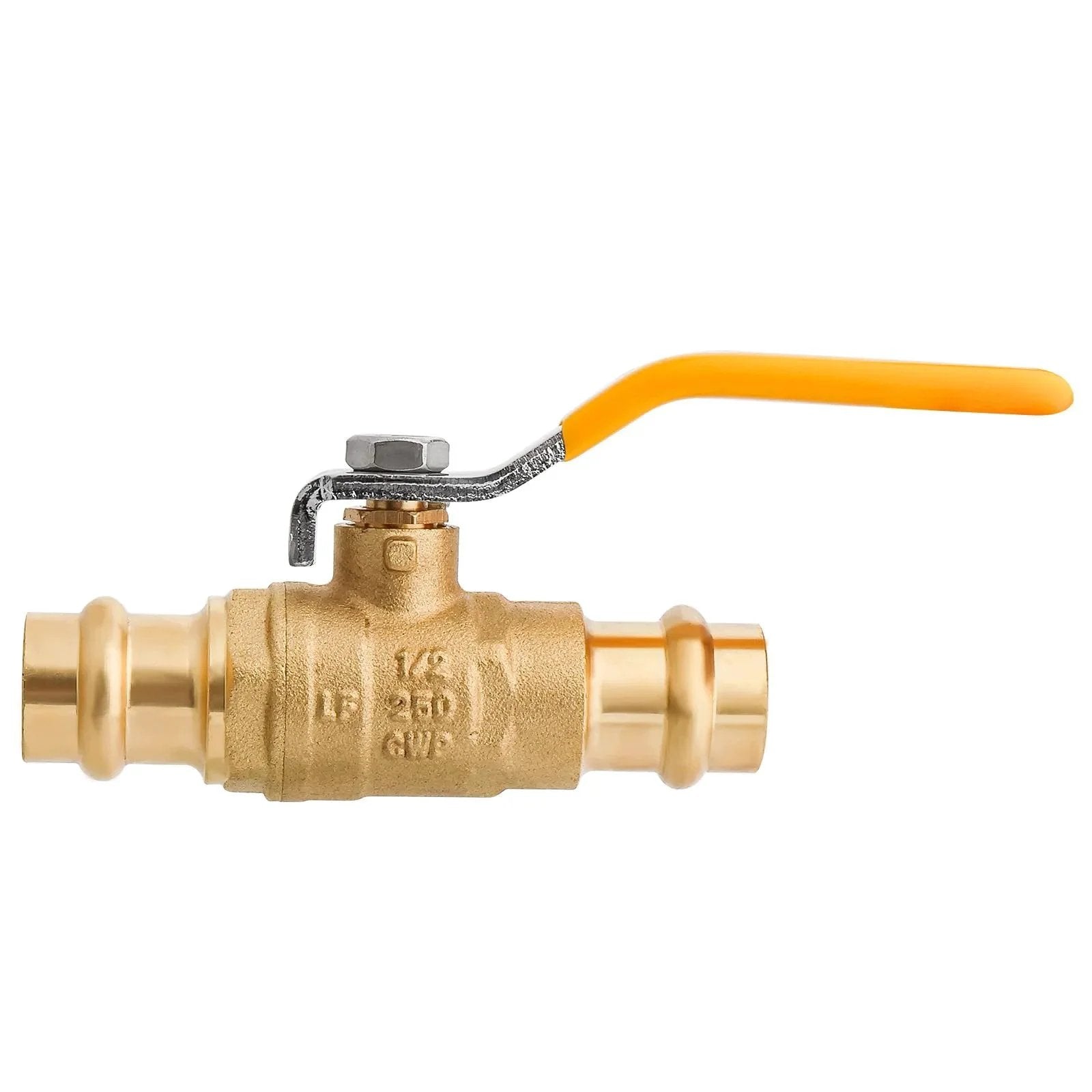 Ultra Durable Upgraded Half Inch Press Ball Valve 2 Pack For Copper Tubing Lead Free Brass Heavy Duty Shut Off Valve side view