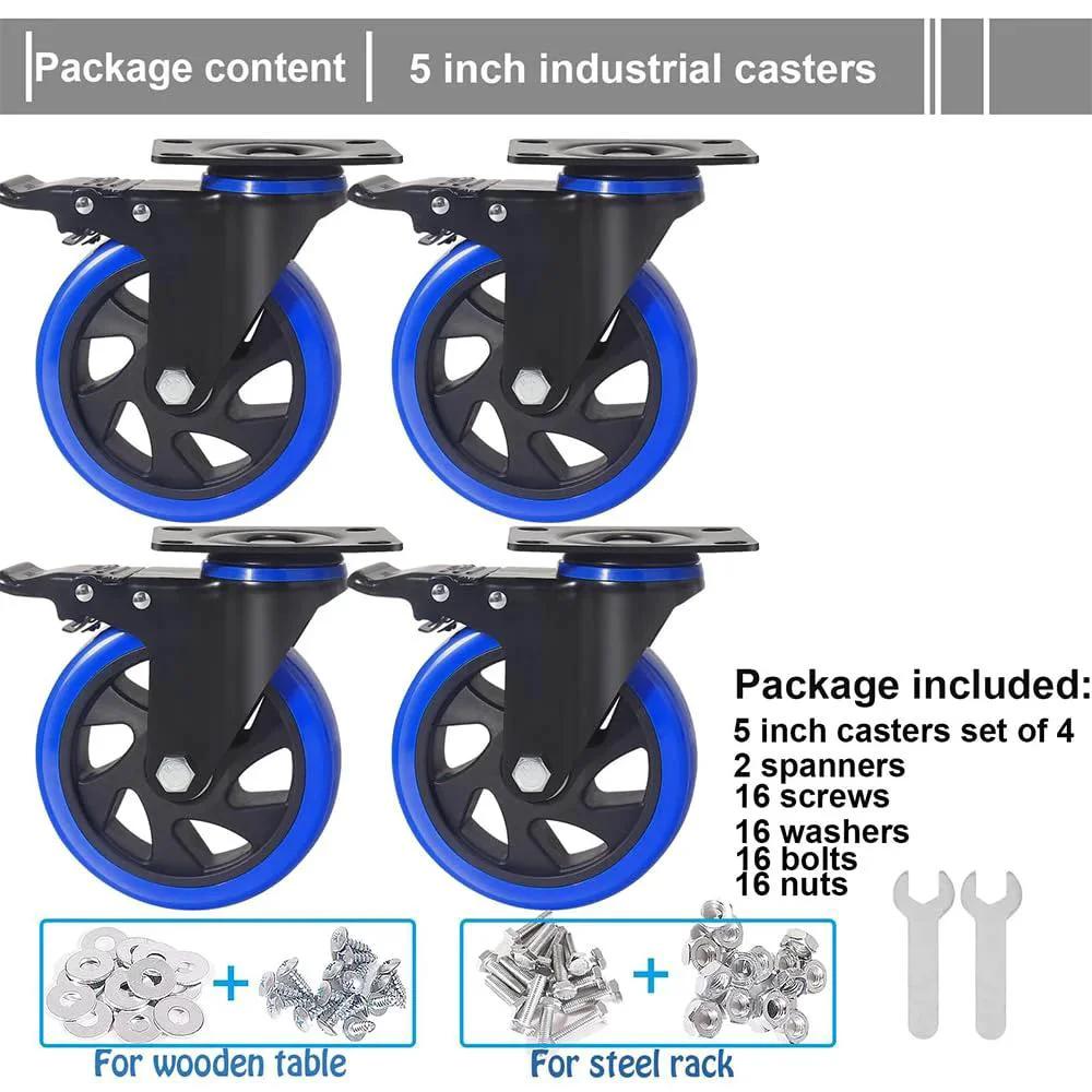 5 Inch Caster Wheels Set Of 4 Heavy Duty With Dual Locking Brakes And Quiet Polyurethane Foam Wheels with hardware kits shown