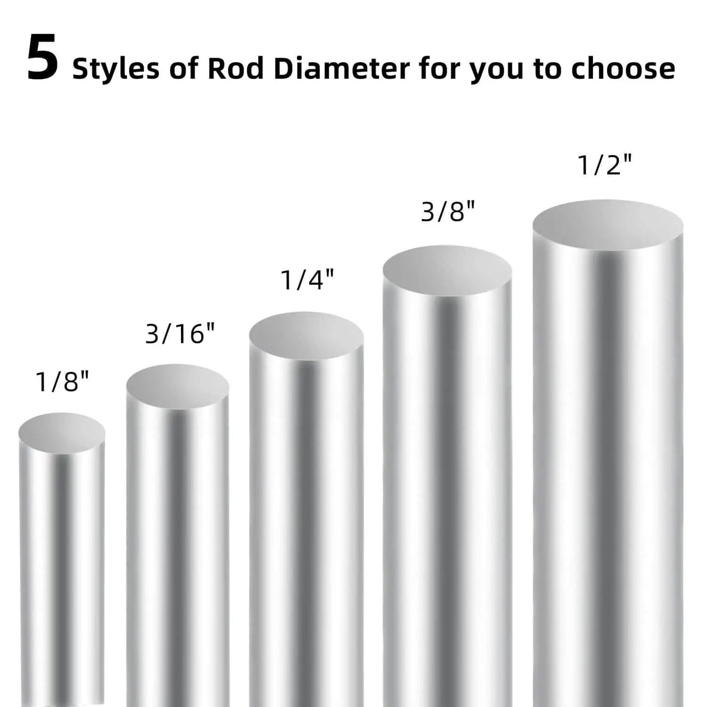 Five stainless steel rods with varying diameters from 1/8" to 1/2" shown, highlighting size options for metalworking projects.