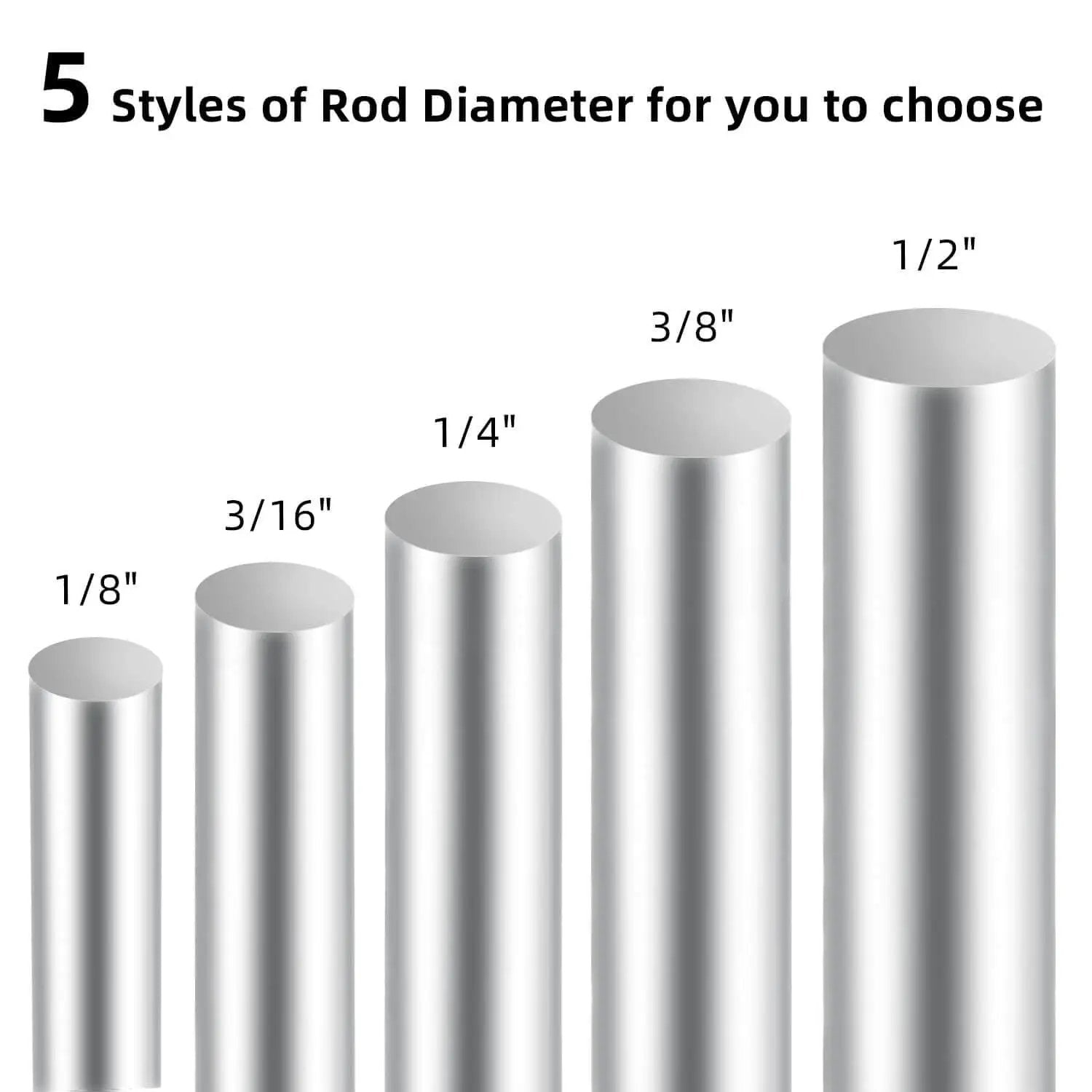 Five stainless steel rods with varying diameters from 1/8" to 1/2" shown, highlighting size options for metalworking projects.