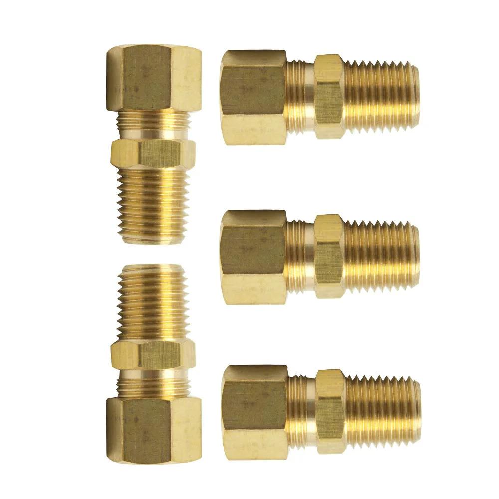 Brass Compression Tube Fitting Adapter For Three Sixteenths Inch Tube To One Eighth Inch NPT Male Connector, Pack Of Five Vis on white background