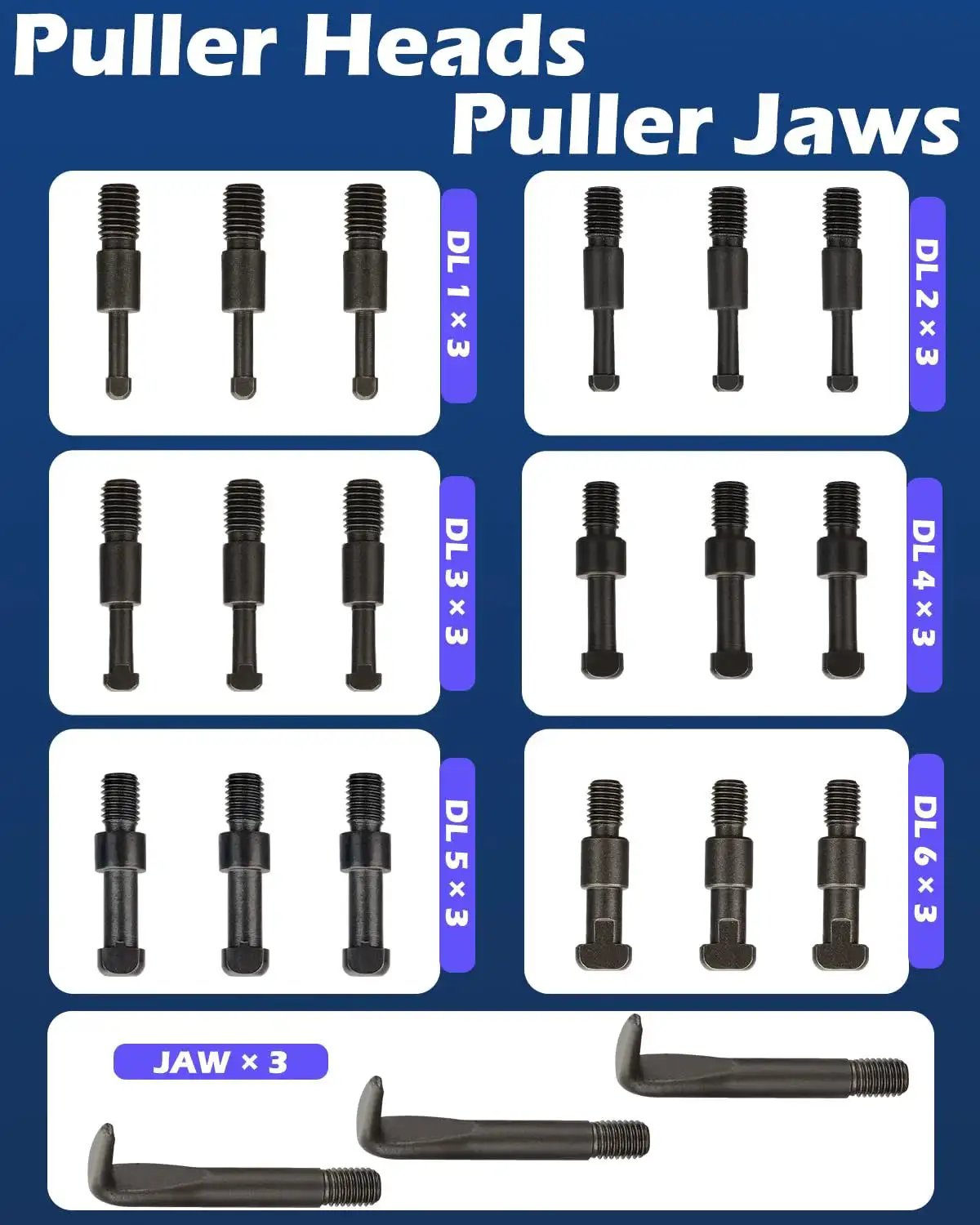 Inner Hole Bearing Puller Set With Three Jaw Design puller heads and jaws displayed on blue background