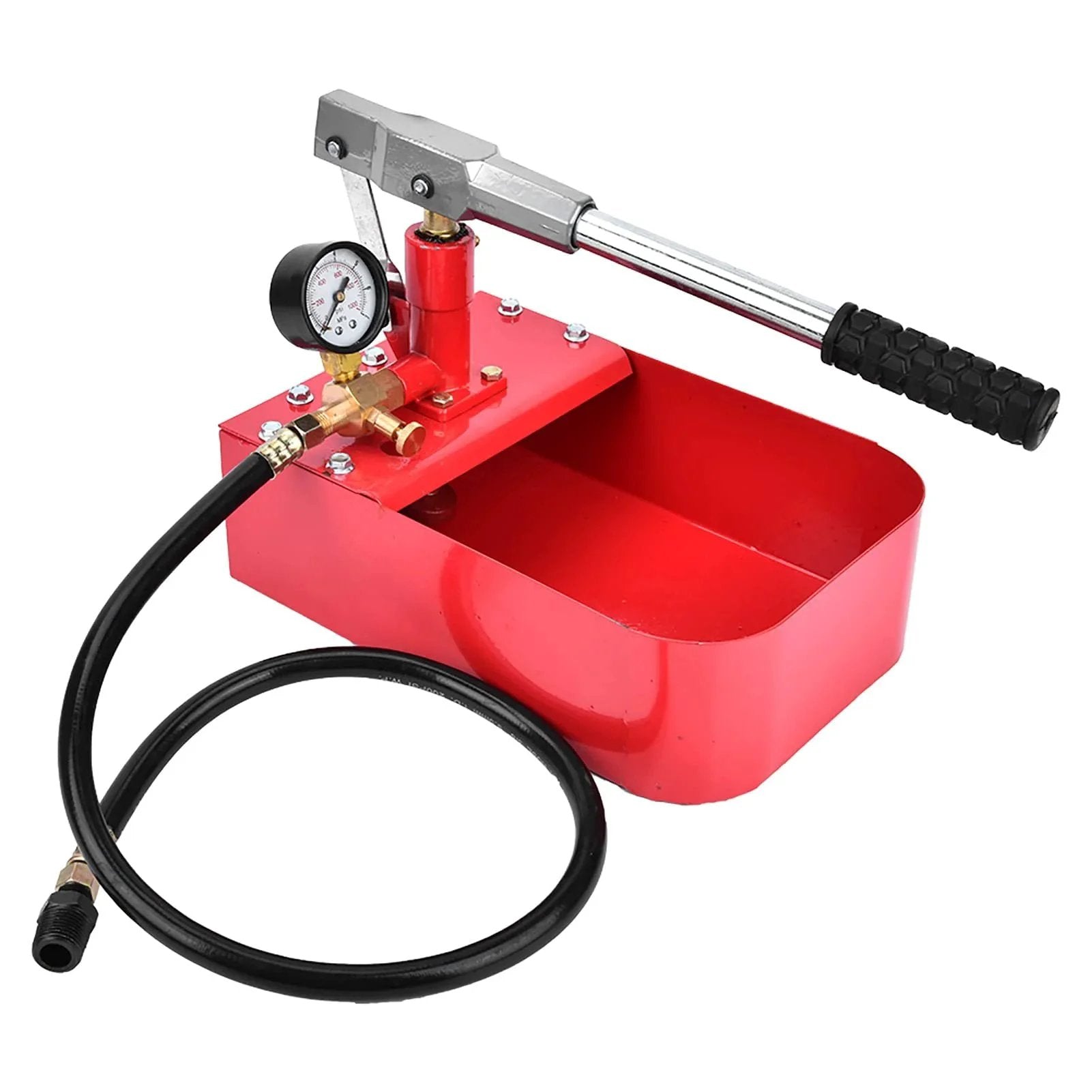 Rugged 1000 PSI Manual Hydraulic Pressure Test Pump For Pipes And Valves with gauge and long handle in rust-resistant iron