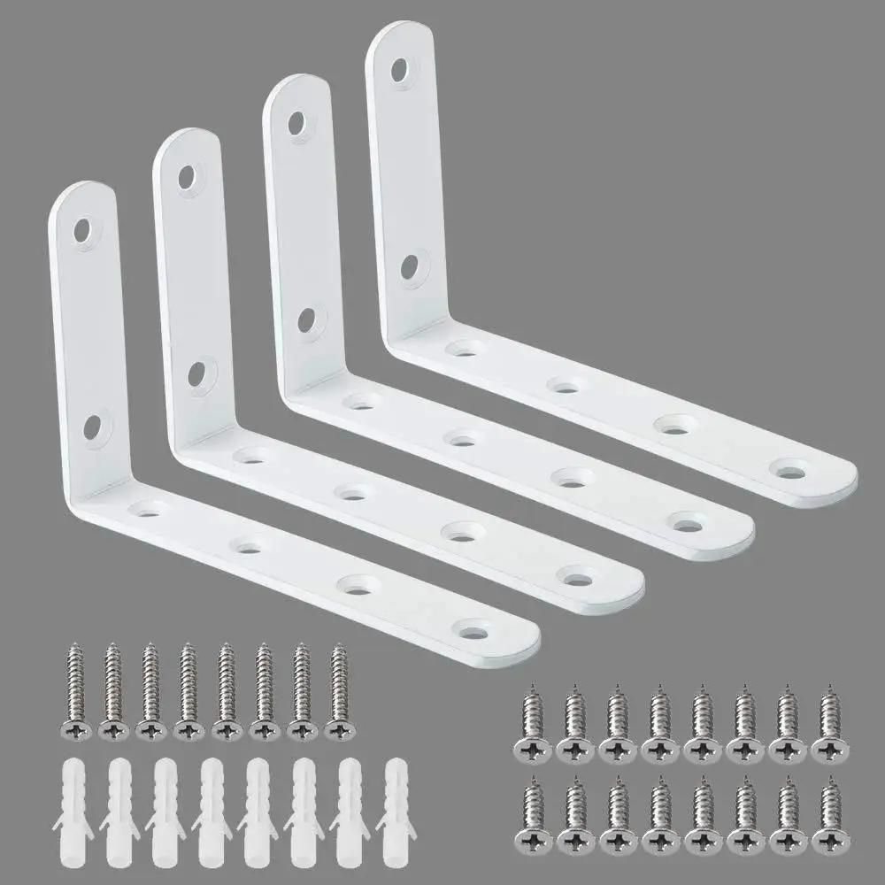 Pack of 4 Heavy Duty L Shelf Brackets Stainless Steel 5x3 Inch with screws, white finish, for wood shelving installation.