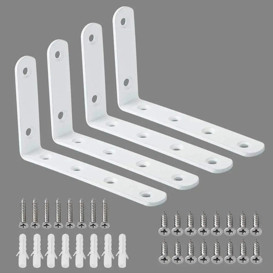 Pack of 4 Heavy Duty L Shelf Brackets Stainless Steel 5x3 Inch with screws, white finish, for wood shelving installation.
