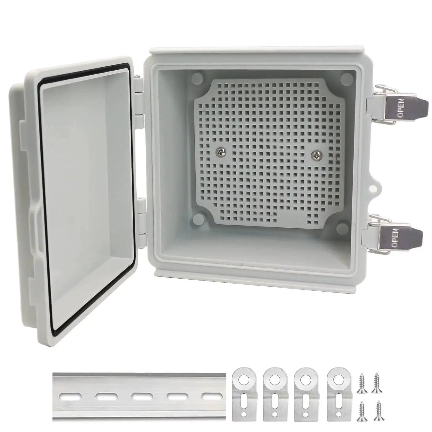 Outdoor Waterproof Electrical Box IP67 Junction Box with Mounting Plate ABS Plastic Project Box shown open with accessories.