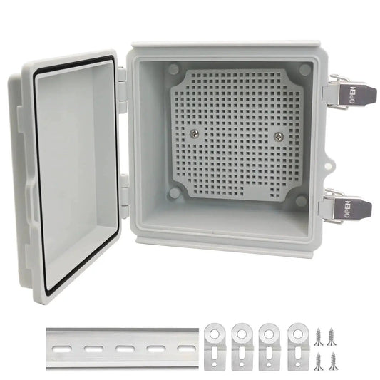 Outdoor Waterproof Electrical Box IP67 Junction Box with Mounting Plate ABS Plastic Project Box shown open with accessories.