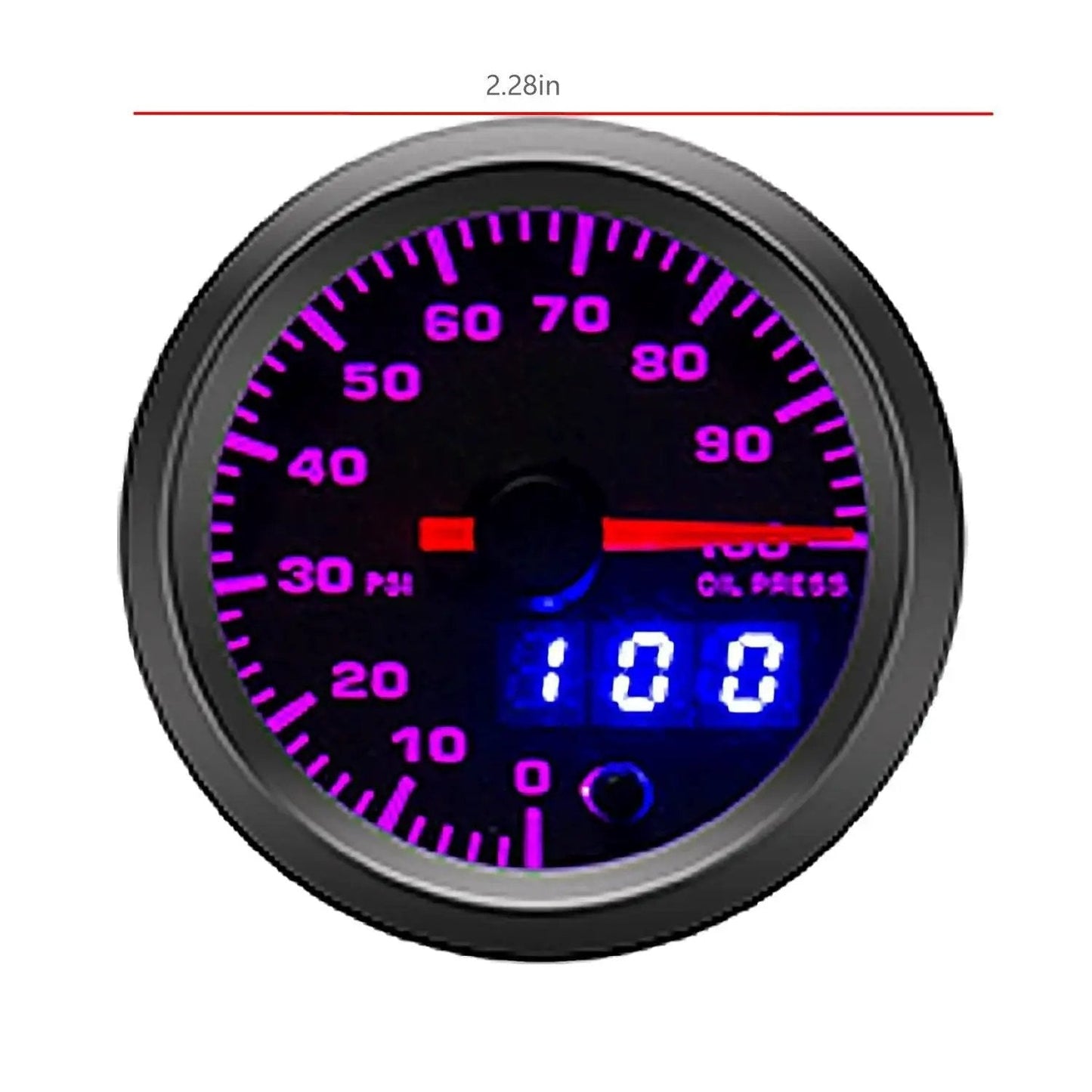 Oil Pressure Gauge Kit 52mm With 7 Color LED Digital Readouts 0 To 100 PSI, black dial with clear lens displaying 100 PSI.