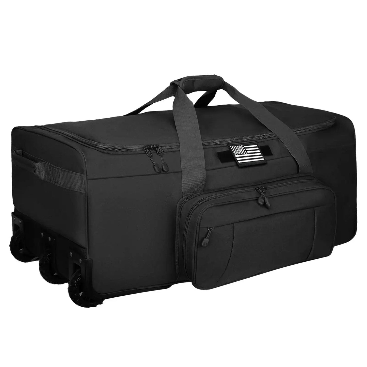 Rugged 120L Rolling Duffle Bag With Wheels For Travel And Camping, heavy duty military style with three wheel system, side view