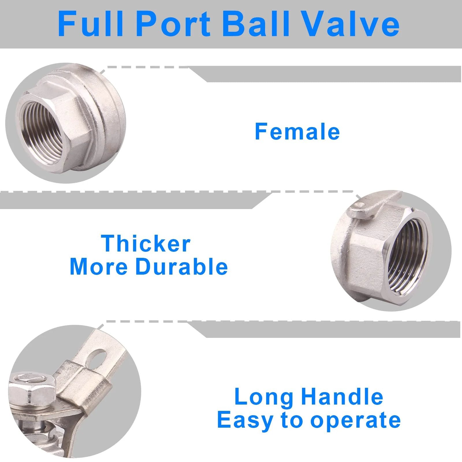 Heavy Duty Stainless Steel 304 Ball Valve With Locking Device From Dernord, Full Port For Water Oil Gas, Three Quarter Inch NPT, Serviceable With Threaded Ports, Minus 60 F To 450 F Temperature Range, 1000 WOG, showing female threaded ports and long handle.